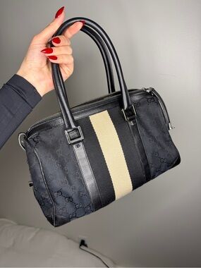 Gucci Black Canvas Satchel with Beige Center Stripe